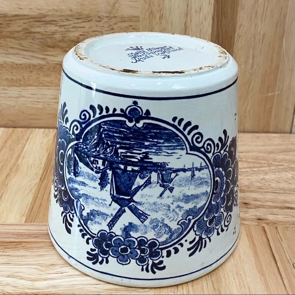 Vintage DELFT Blue Delft Blauw Holland Pottery Windmill 5” Blue & White Planter - Picture 7 of 14